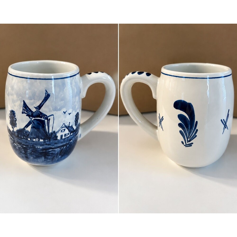 2 Delft Holland Blue & White Coffee Mug w Windmill Tankard Vntg. 1960’s